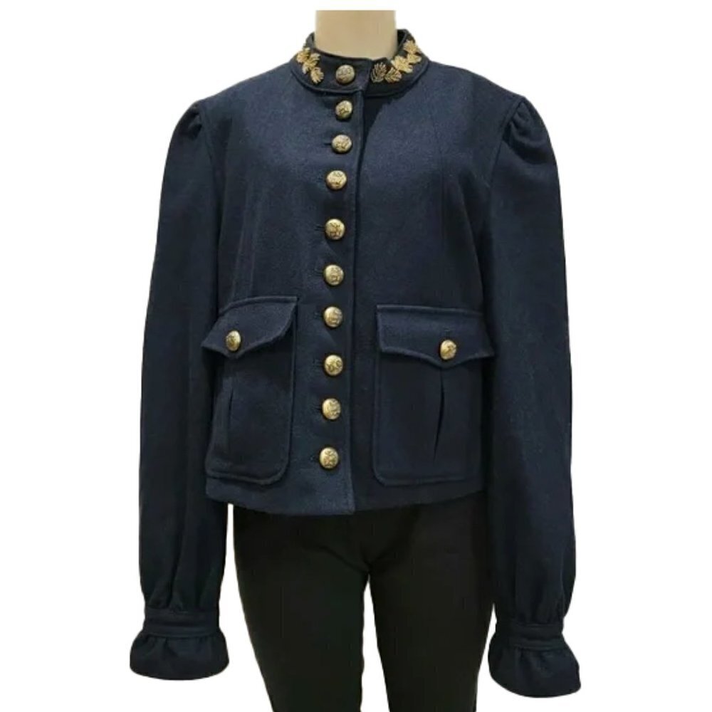 FREE PEOPLE Regan Puff Sleeve Blazer Military Jacket wool Navy Women's Size M